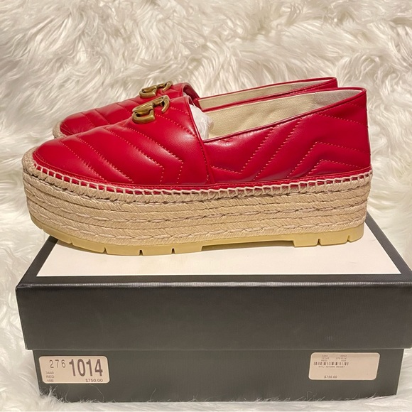 Gucci Red Matelassé Leather GG Marmont Pilar Platform Espadrille Flats size 40 - Picture 4 of 9